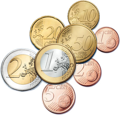 все монеты евро: 1, 2, 5, 10, 20, 50 евроцентов, 1, 2 евро