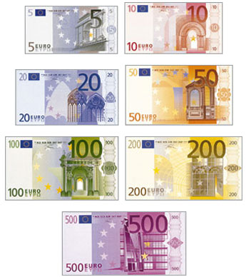 все банкноты евро: 5, 10, 20, 50, 100, 200, 500